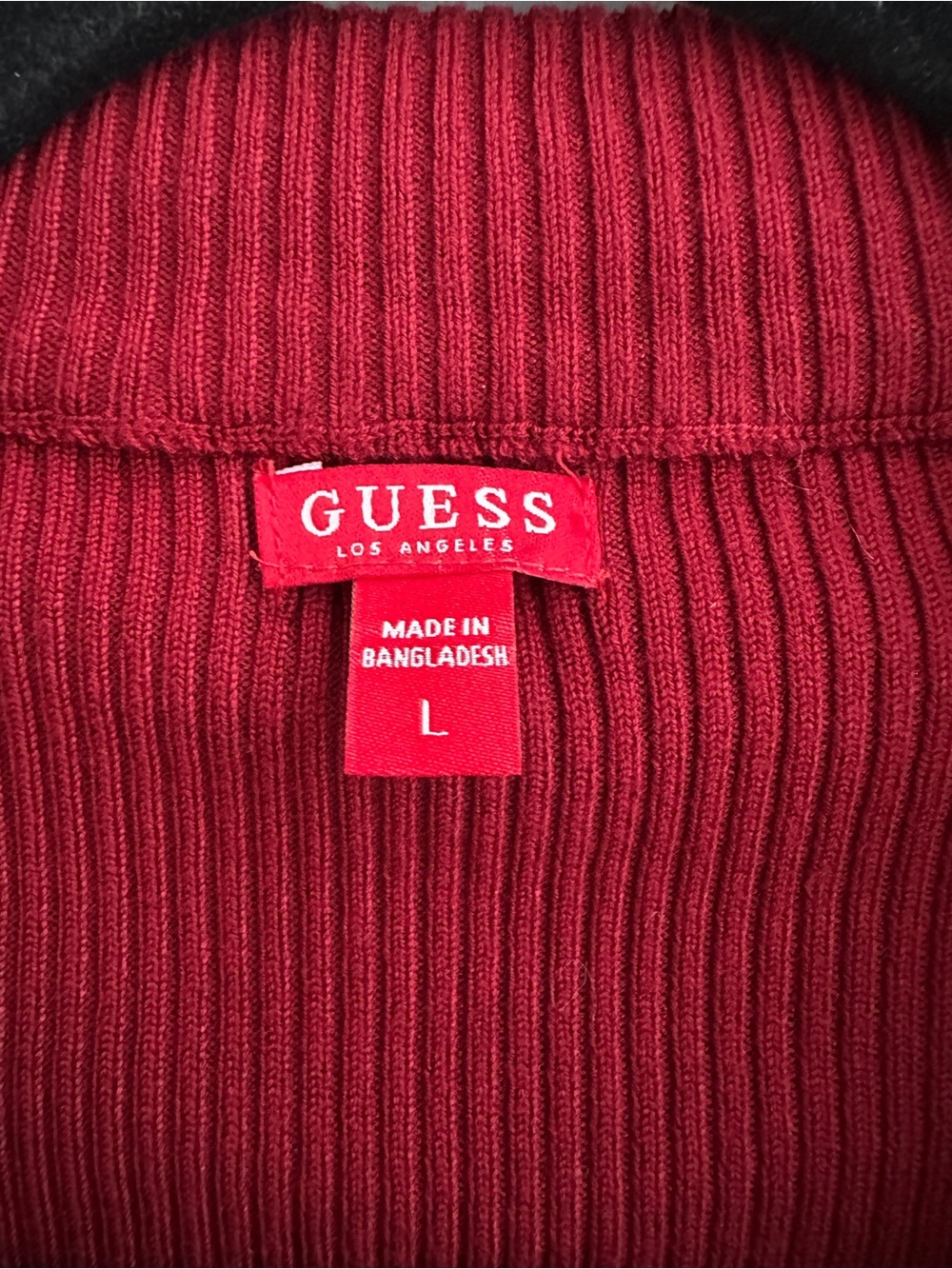 GUESS Los Angeles Women’s L Burgundy Ribbed Quarter Zip Logo Sweater Y2K - Picture 3 of 6